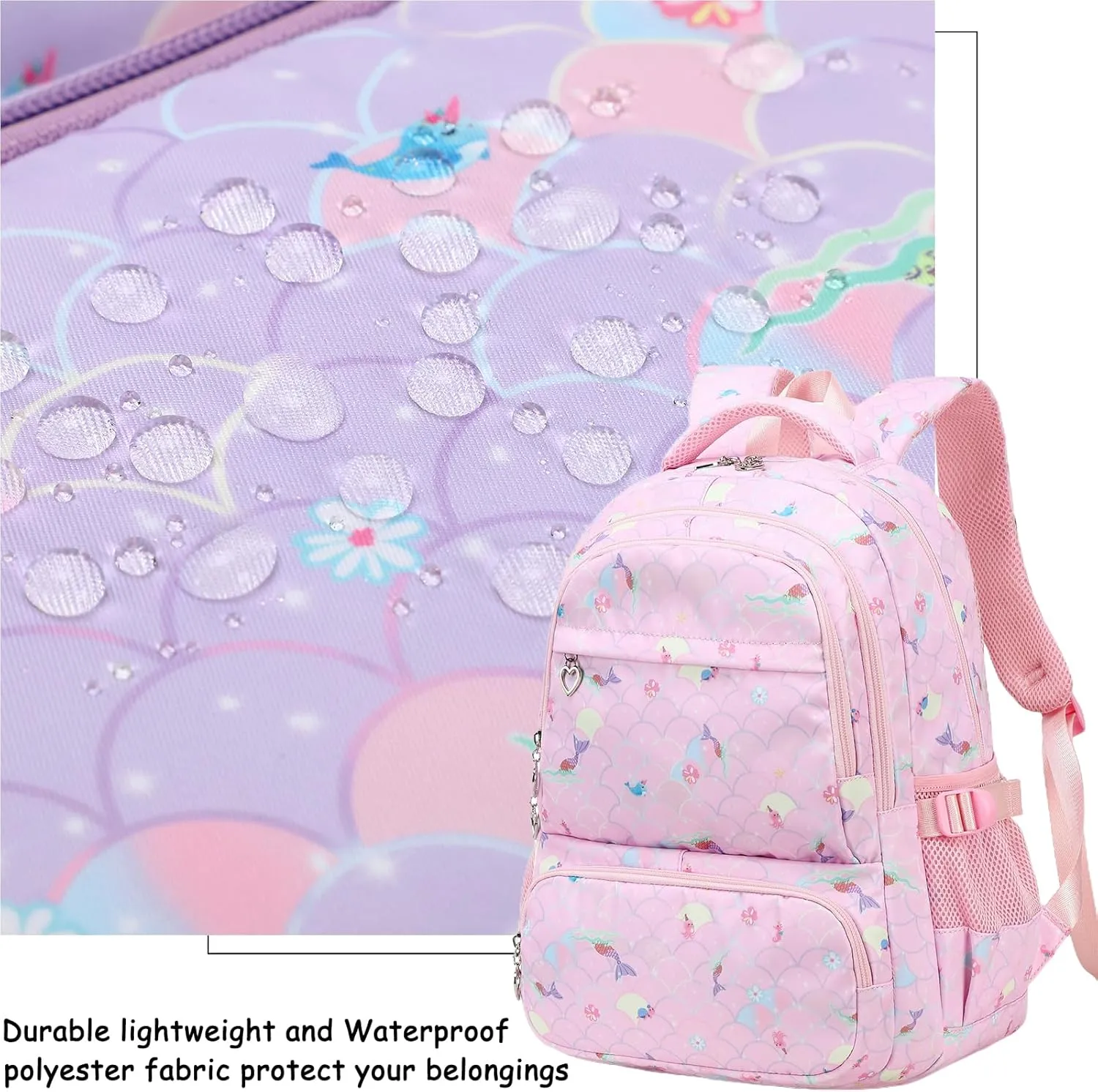 Joyfulife Kids School Backpack for Girls, Mermaid Bookbag with Lunch Box Set for Teens Elementary Primary Middle Student, Girls Backpack for School