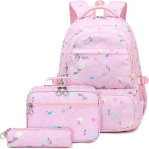 Joyfulife Kids School Backpack for Girls, Mermaid Bookbag with Lunch Box Set for Teens Elementary Primary Middle Student, Girls Backpack for School