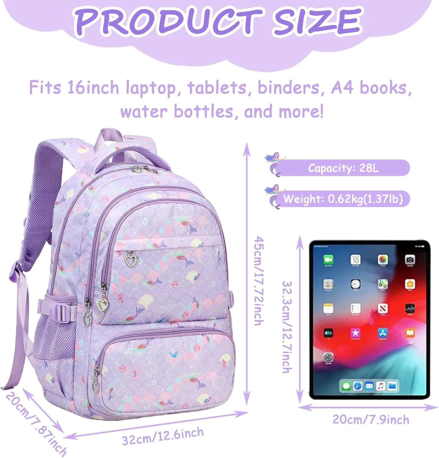 Joyfulife Lightweight Water Resistant Mermaid Backpack with Lunch Box Kids Backpack for Girls Elementary Primary Middle School Bag Teens Bookbags Set