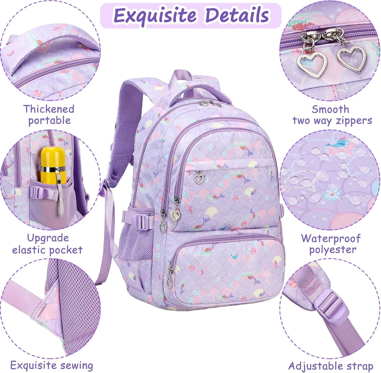 Joyfulife Lightweight Water Resistant Mermaid Backpack with Lunch Box Kids Backpack for Girls Elementary Primary Middle School Bag Teens Bookbags Set