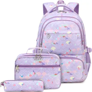 Joyfulife Lightweight Water Resistant Mermaid Backpack with Lunch Box Kids Backpack for Girls Elementary Primary Middle School Bag Teens Bookbags Set