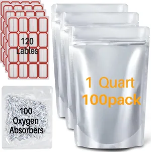 JTX 100Pk Mylar Bags for Food Storage(1Quart) With 300cc Oxygen Absorbers, 9.6Mil Heavy Duty Mylar Bags 9"x6"- Resealable Smell Proof Bags for Grains, Dry Aging for Meat, Long Term Food Storage