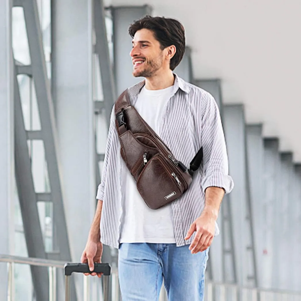JUMO CYLY Mens Sling Bag, Leather Sling Bag with USB Charging Port Waterproof Casual Daypack Chest Crossbody Bag