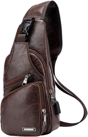 JUMO CYLY Mens Sling Bag, Leather Sling Bag with USB Charging Port Waterproof Casual Daypack Chest Crossbody Bag