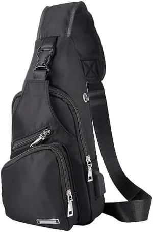 JUMO CYLY Mens Sling Bag, Leather Sling Bag with USB Charging Port Waterproof Casual Daypack Chest Crossbody Bag