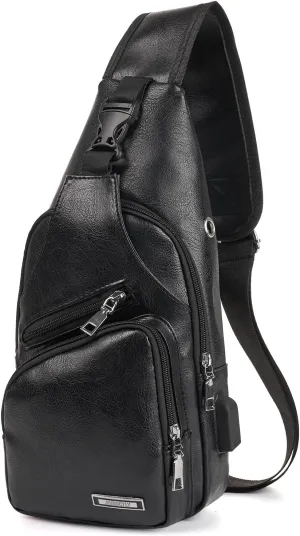 JUMO CYLY Mens Sling Bag, Leather Sling Bag with USB Charging Port Waterproof Casual Daypack Chest Crossbody Bag