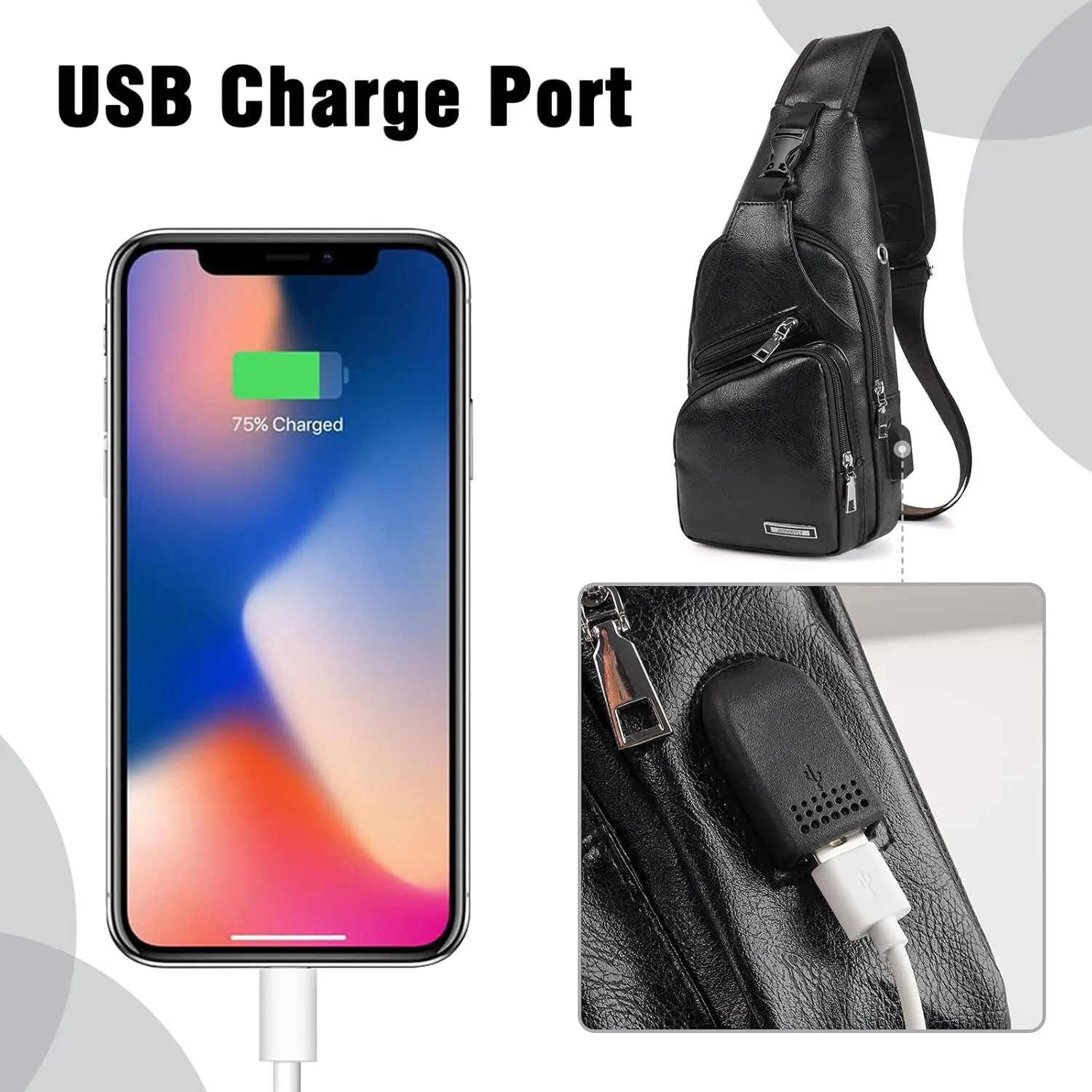 JUMO CYLY Mens Sling Bag, Leather Sling Bag with USB Charging Port Waterproof Casual Daypack Chest Crossbody Bag