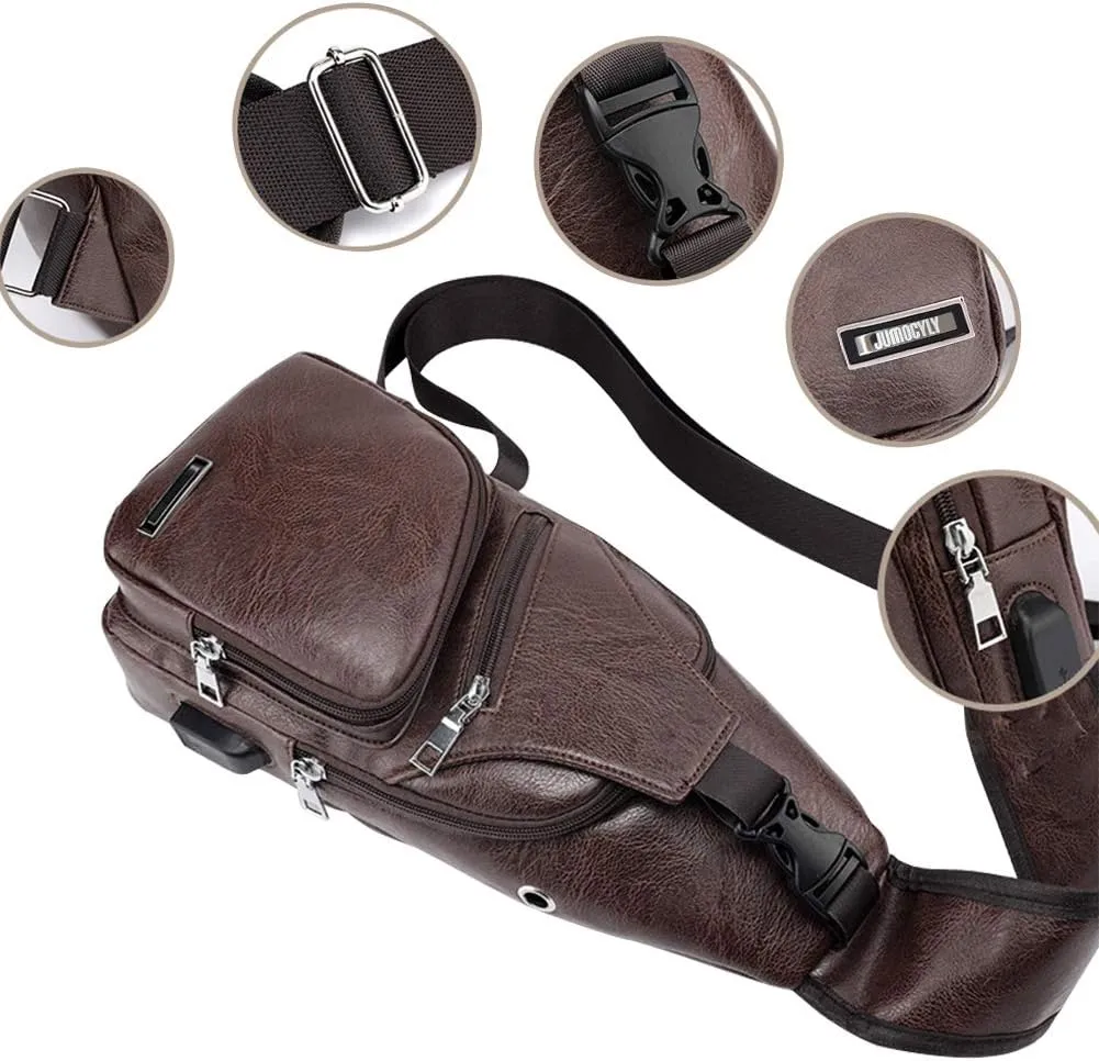 JUMO CYLY Mens Sling Bag, Leather Sling Bag with USB Charging Port Waterproof Casual Daypack Chest Crossbody Bag