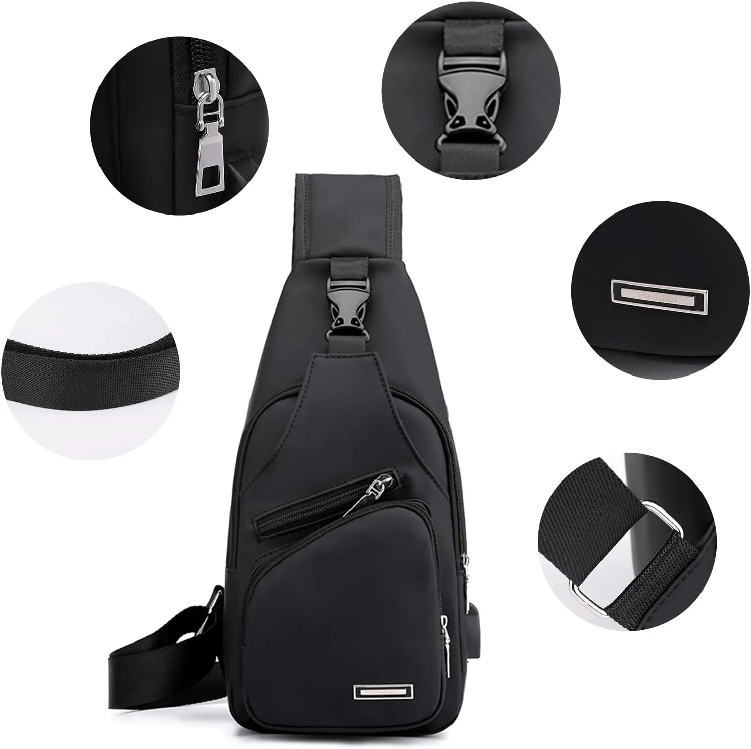 JUMO CYLY Mens Sling Bag, Leather Sling Bag with USB Charging Port Waterproof Casual Daypack Chest Crossbody Bag