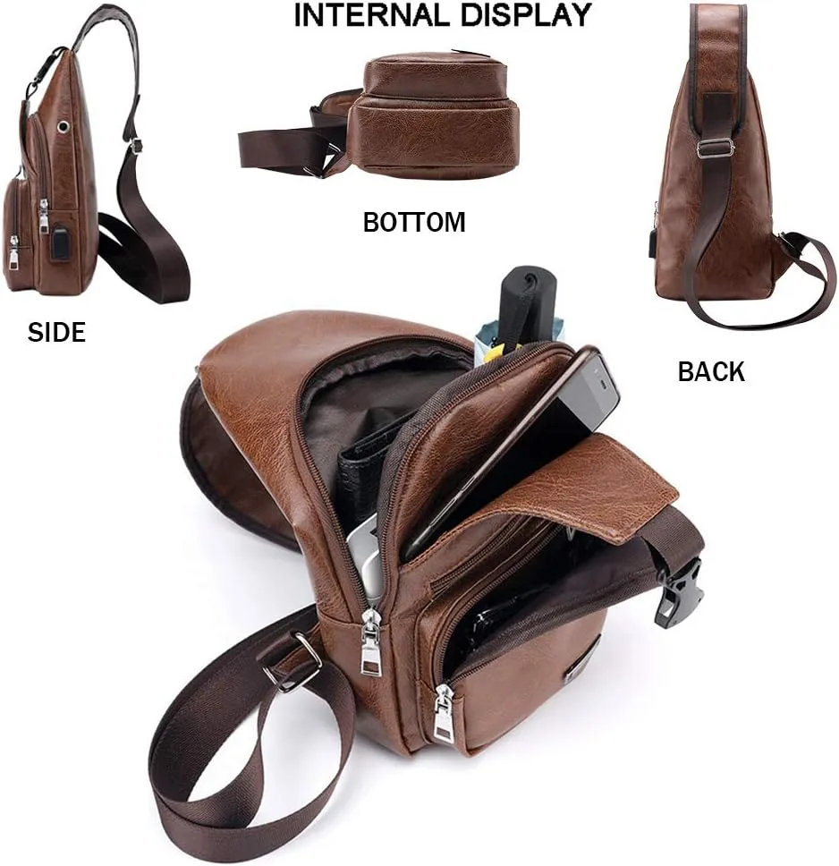 JUMO CYLY Mens Sling Bag, Leather Sling Bag with USB Charging Port Waterproof Casual Daypack Chest Crossbody Bag