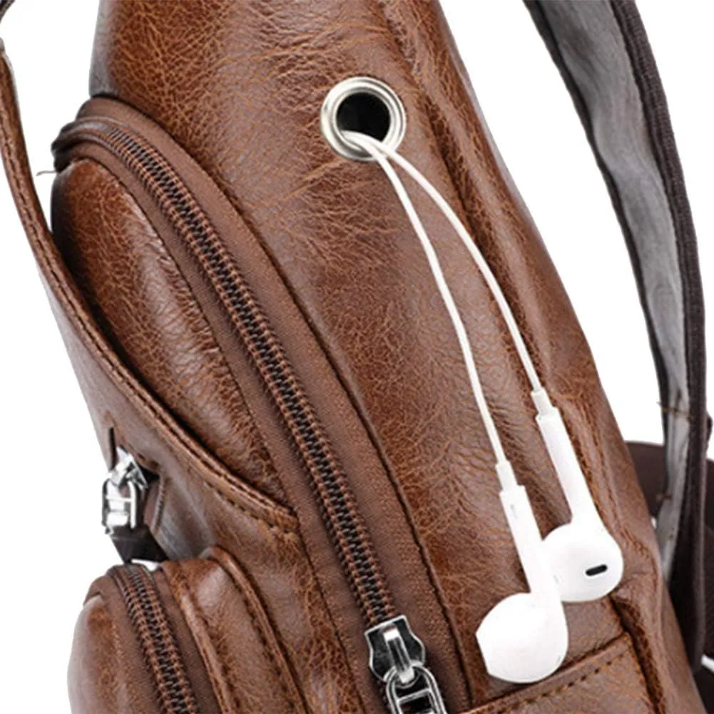 JUMO CYLY Mens Sling Bag, Leather Sling Bag with USB Charging Port Waterproof Casual Daypack Chest Crossbody Bag