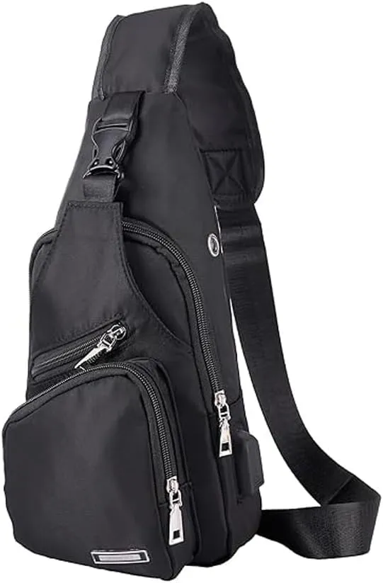 JUMO CYLY Mens Sling Bag, Leather Sling Bag with USB Charging Port Waterproof Casual Daypack Chest Crossbody Bag