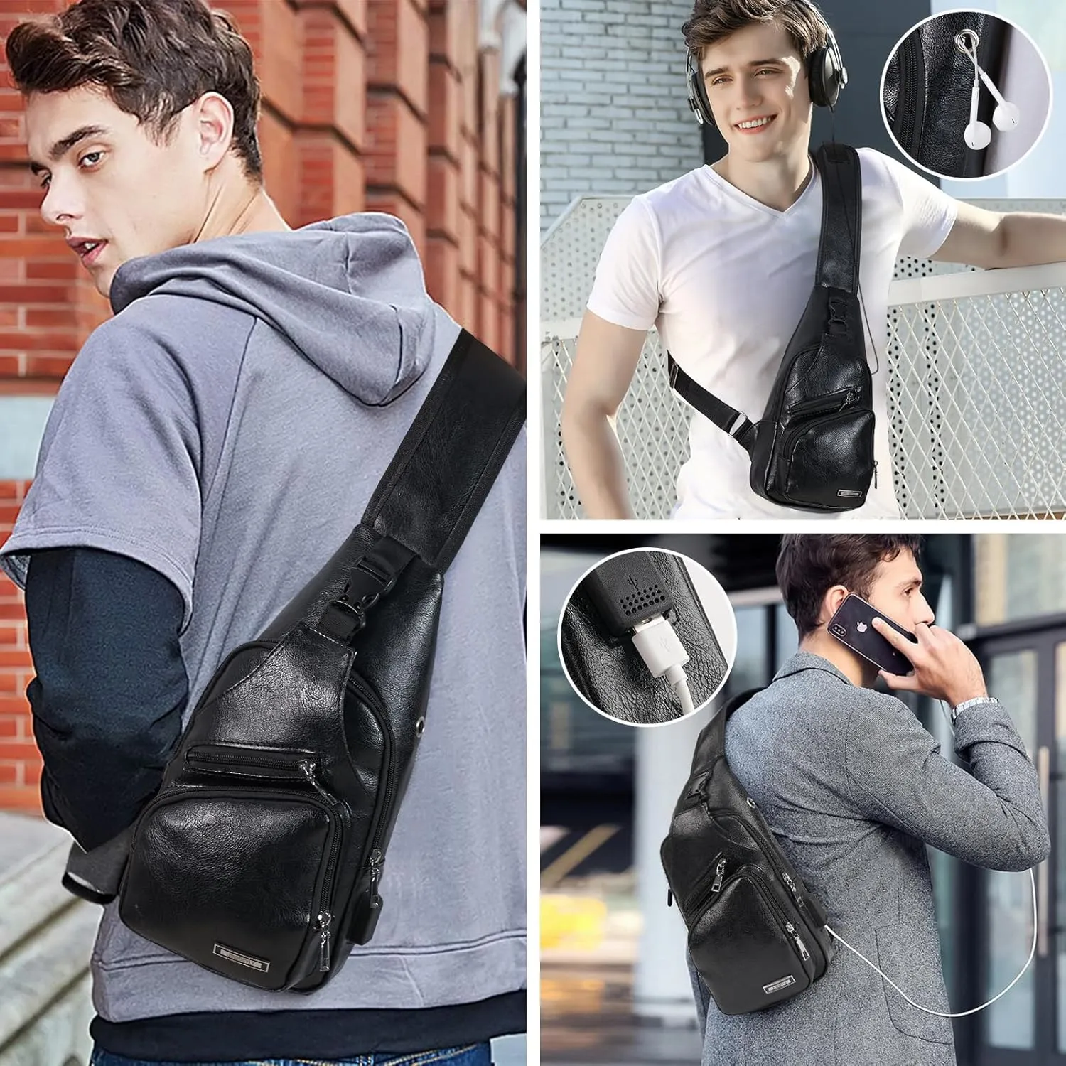 JUMO CYLY Mens Sling Bag, Leather Sling Bag with USB Charging Port Waterproof Casual Daypack Chest Crossbody Bag