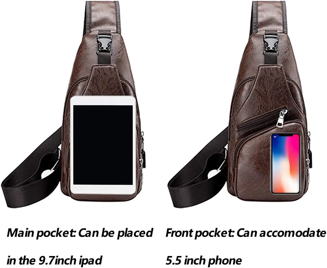 JUMO CYLY Mens Sling Bag, Leather Sling Bag with USB Charging Port Waterproof Casual Daypack Chest Crossbody Bag