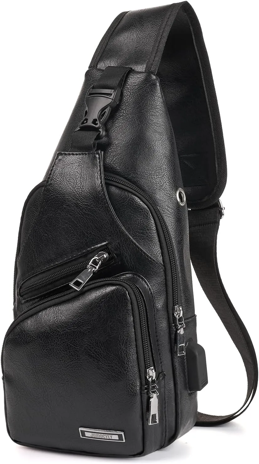 JUMO CYLY Mens Sling Bag, Leather Sling Bag with USB Charging Port Waterproof Casual Daypack Chest Crossbody Bag