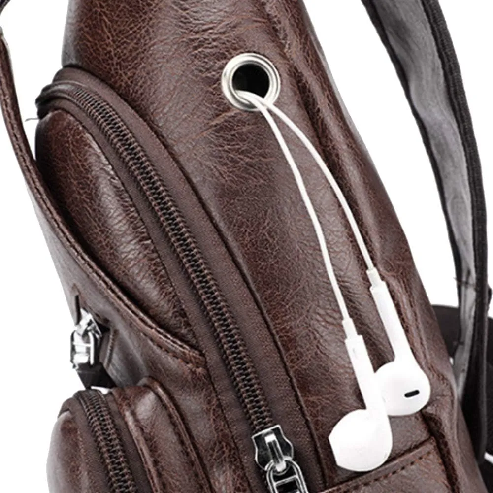 JUMO CYLY Mens Sling Bag, Leather Sling Bag with USB Charging Port Waterproof Casual Daypack Chest Crossbody Bag