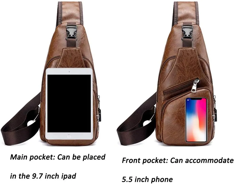 JUMO CYLY Mens Sling Bag, Leather Sling Bag with USB Charging Port Waterproof Casual Daypack Chest Crossbody Bag