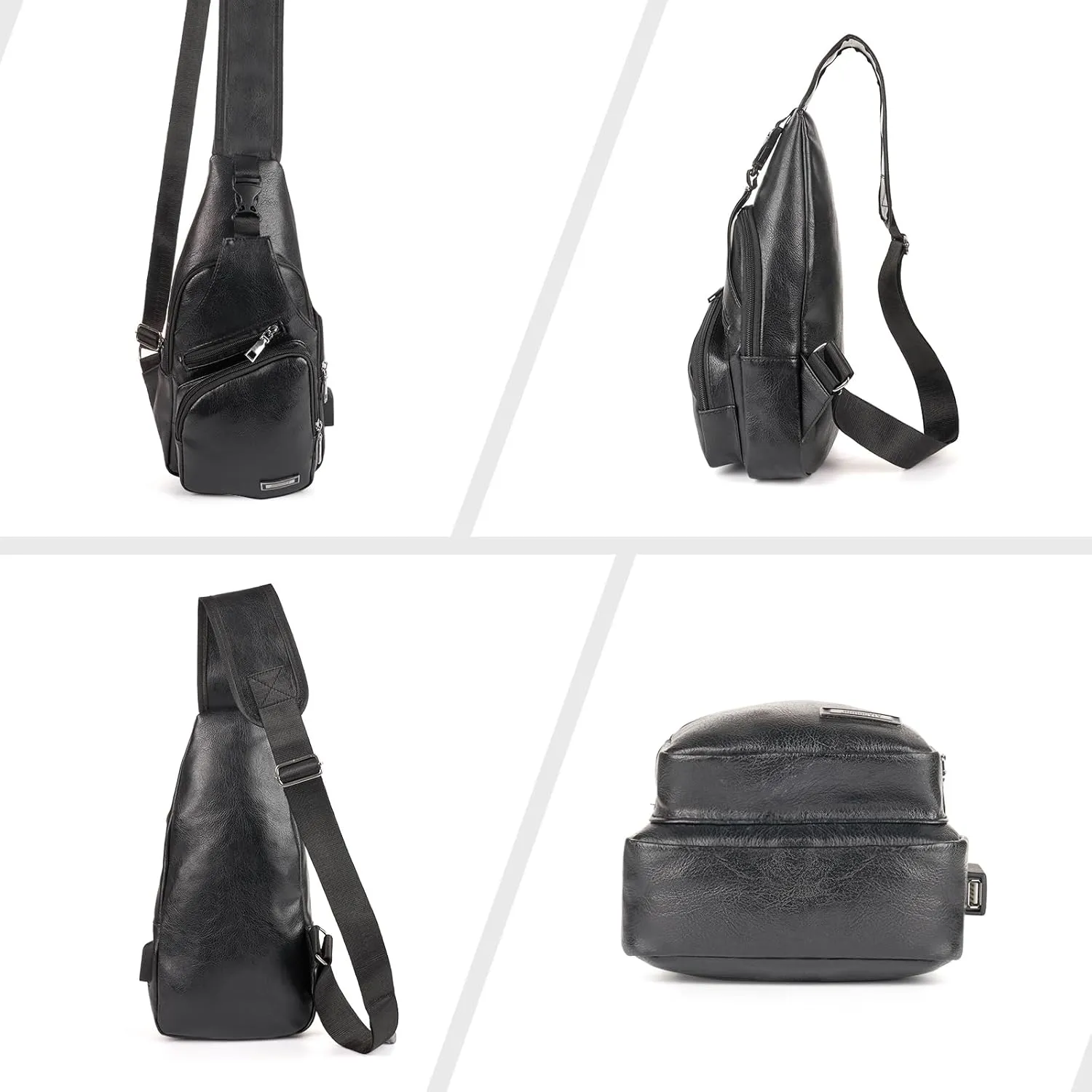 JUMO CYLY Mens Sling Bag, Leather Sling Bag with USB Charging Port Waterproof Casual Daypack Chest Crossbody Bag