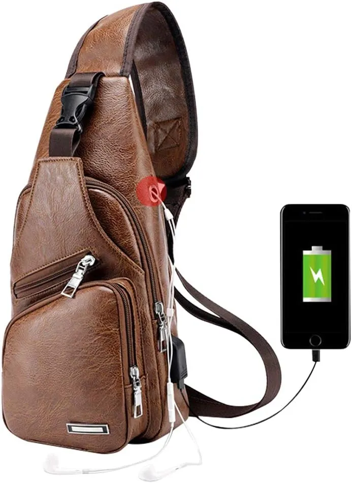 JUMO CYLY Mens Sling Bag, Leather Sling Bag with USB Charging Port Waterproof Casual Daypack Chest Crossbody Bag