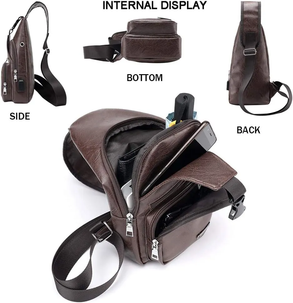JUMO CYLY Mens Sling Bag, Leather Sling Bag with USB Charging Port Waterproof Casual Daypack Chest Crossbody Bag