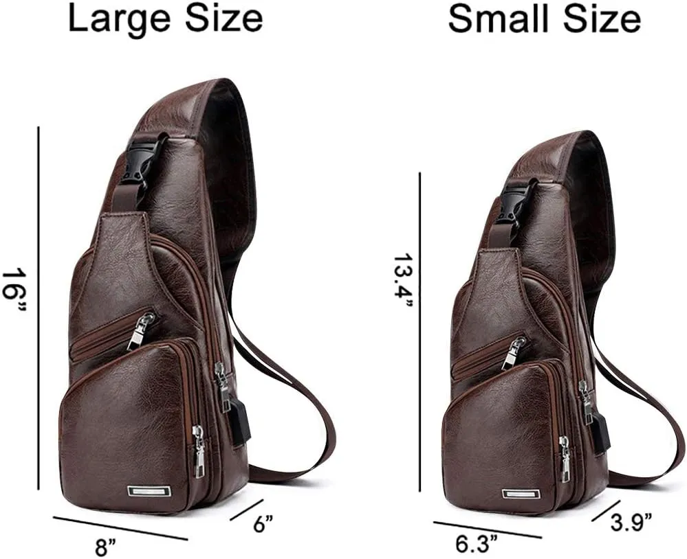 JUMO CYLY Mens Sling Bag, Leather Sling Bag with USB Charging Port Waterproof Casual Daypack Chest Crossbody Bag
