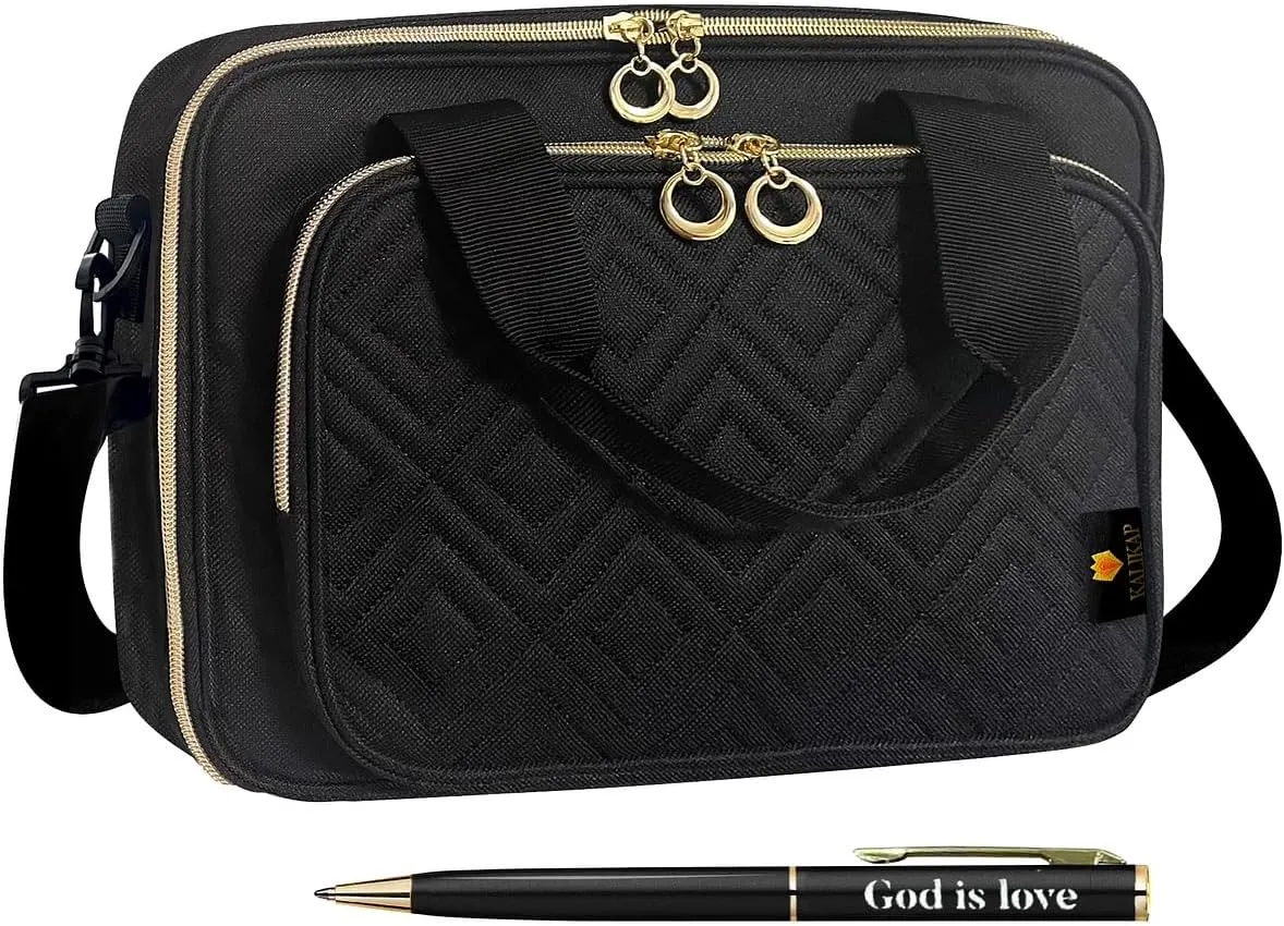 Kalikap Bible Cover, Women and Men, Pencil Case, Study Bag Large Book Covers, Tablets, Daily Bags, Stylish to Carry, Supplies, Journal, Tote Bag, Black. Zipper Detachable Pen Slot Shoulder Strap.