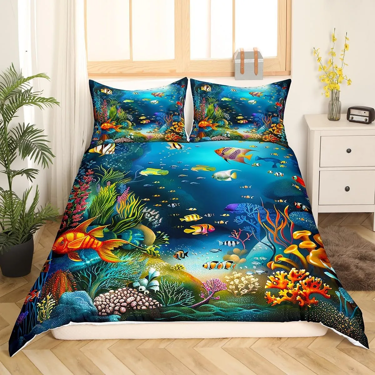 Kids Cartoon Ocean Fish Bedding Set Ocean Marine Theme Comforter Cover for Boys Girls Sea Underwater World Duvet Cover Cute Creature Sealife Bedspread Cover Room Decor Quilt Cover Queen Size