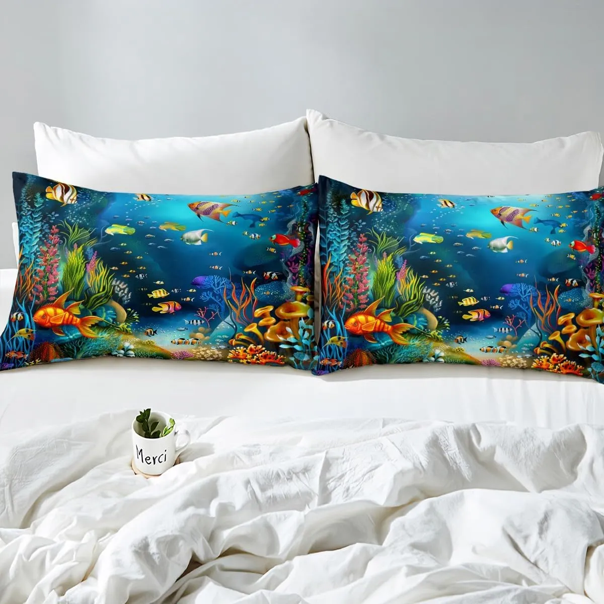 Kids Cartoon Ocean Fish Bedding Set Ocean Marine Theme Comforter Cover for Boys Girls Sea Underwater World Duvet Cover Cute Creature Sealife Bedspread Cover Room Decor Quilt Cover Queen Size