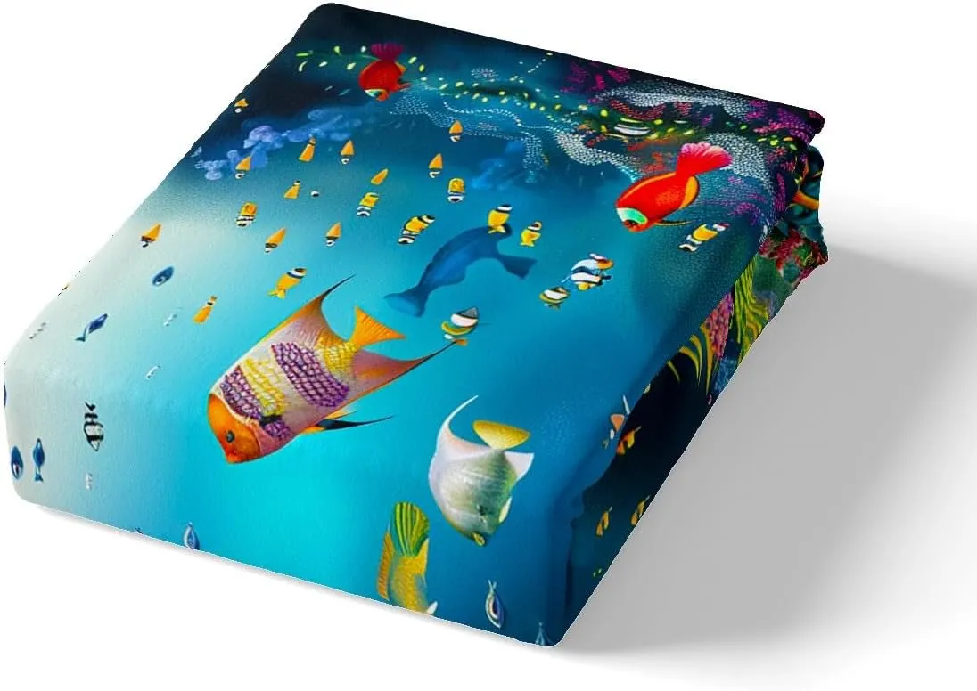 Kids Cartoon Ocean Fish Bedding Set Ocean Marine Theme Comforter Cover for Boys Girls Sea Underwater World Duvet Cover Cute Creature Sealife Bedspread Cover Room Decor Quilt Cover Queen Size