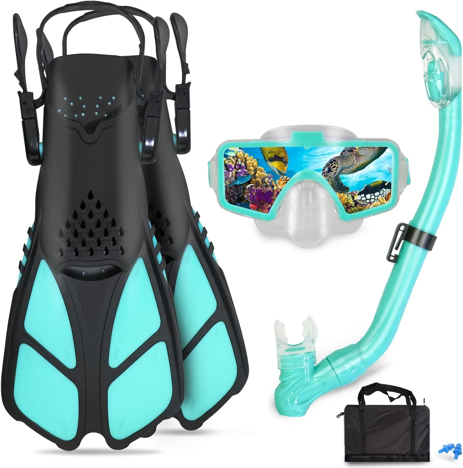 Kids Snorkeling Set - Adjustable Flippers   Panoramic Snorkel Mask   Dry Snorkel Tube   Travel Bags - Suitable for Kids & Juniors, Age 5-14