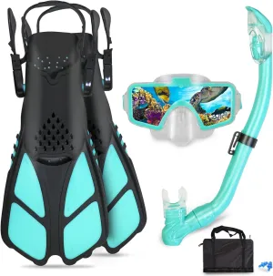Kids Snorkeling Set - Adjustable Flippers   Panoramic Snorkel Mask   Dry Snorkel Tube   Travel Bags - Suitable for Kids & Juniors, Age 5-14