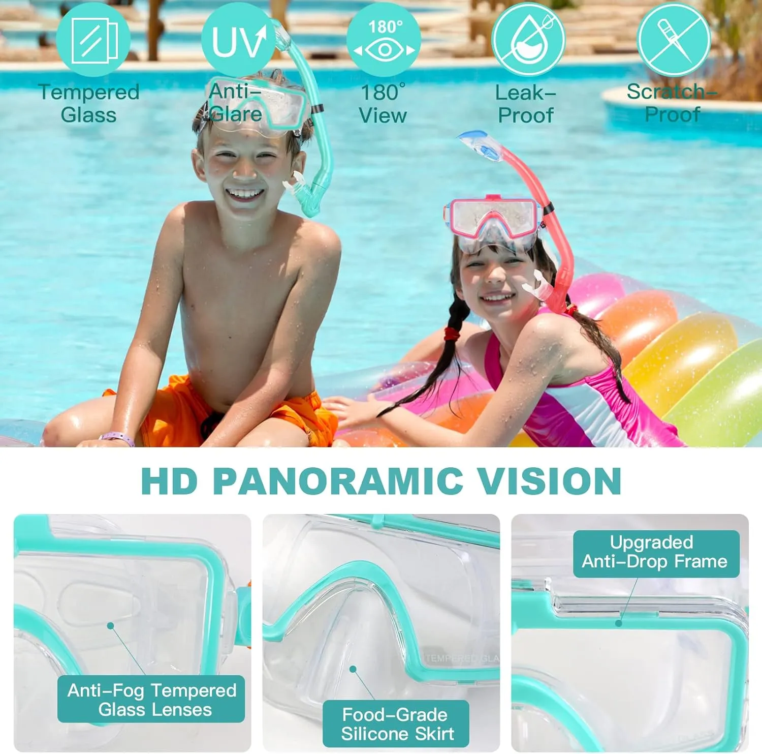 Kids Snorkeling Set - Adjustable Flippers   Panoramic Snorkel Mask   Dry Snorkel Tube   Travel Bags - Suitable for Kids & Juniors, Age 5-14