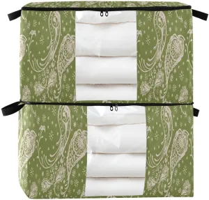 Kigai Vintage Paisley Green 60L Large Storage Bags Clothes Storage Containers with Handles, Zipper Closure and Clear Window for Comforters, Bedding, Blankets