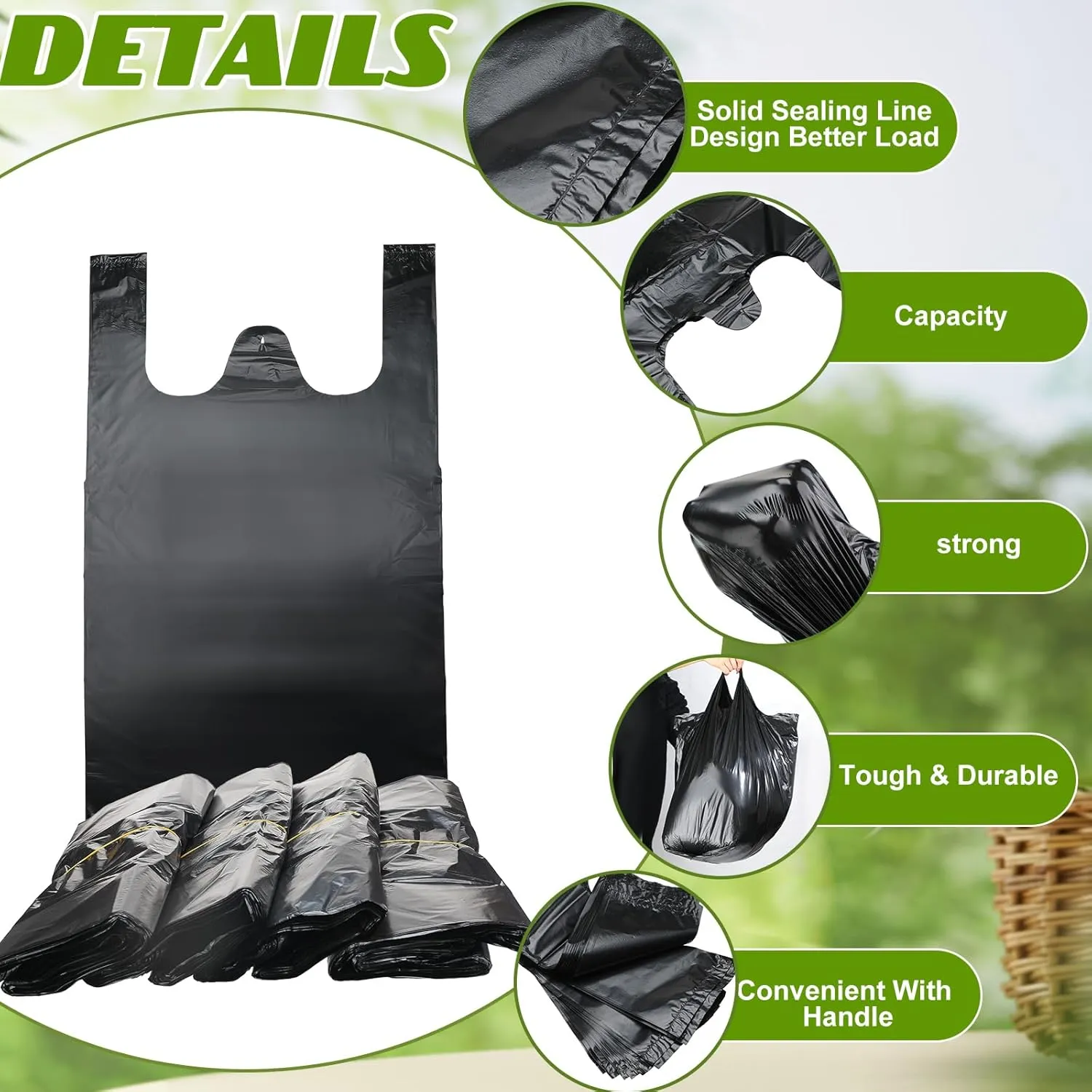 Kisston 400 Count Jumbo Size Plastic T Shirt Bags with Handles, 35 Mic, XX Large Plain Plastic T Shirt Grocery Bags, Thick and Heavy Duty (Black,20" x 12")