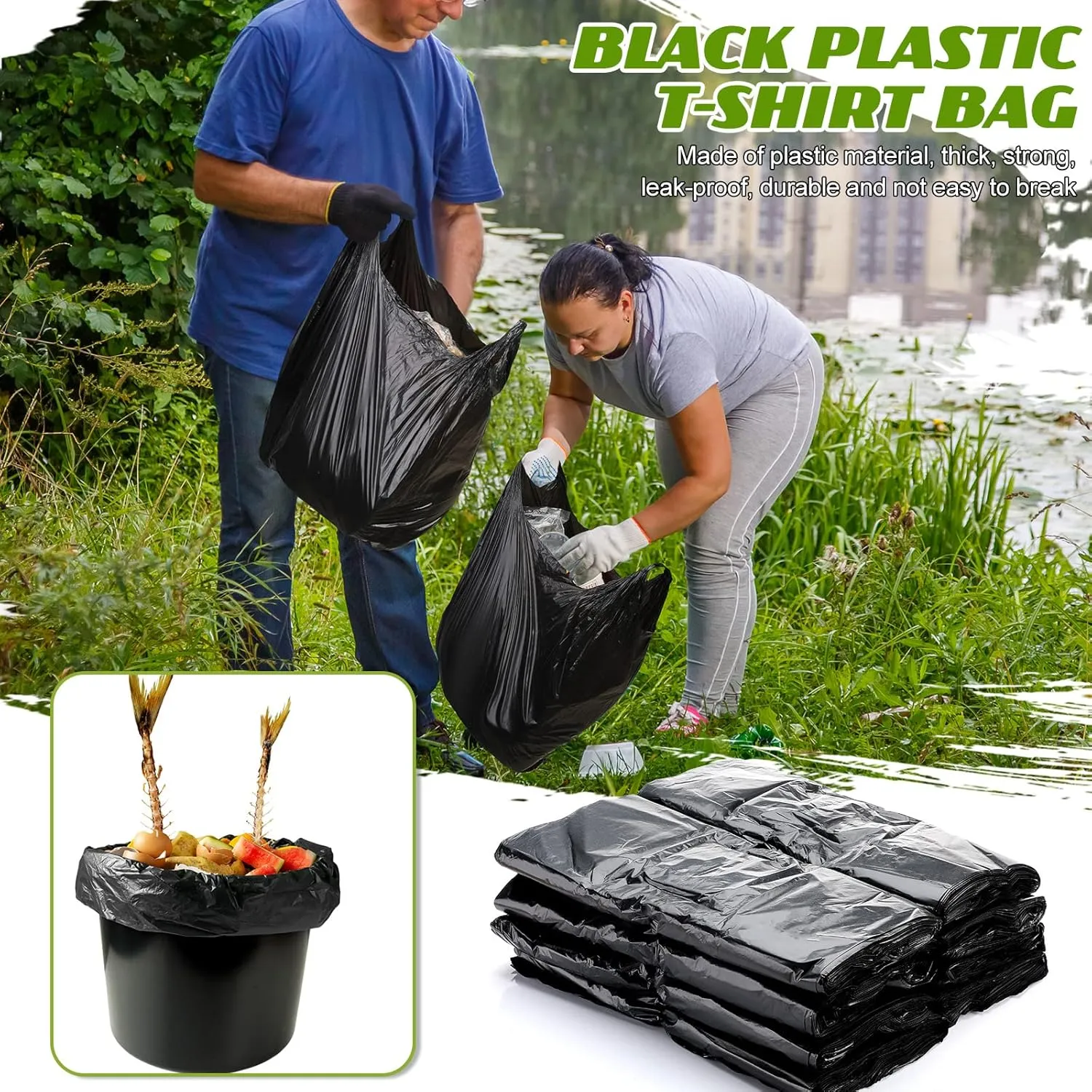 Kisston 400 Count Jumbo Size Plastic T Shirt Bags with Handles, 35 Mic, XX Large Plain Plastic T Shirt Grocery Bags, Thick and Heavy Duty (Black,20" x 12")
