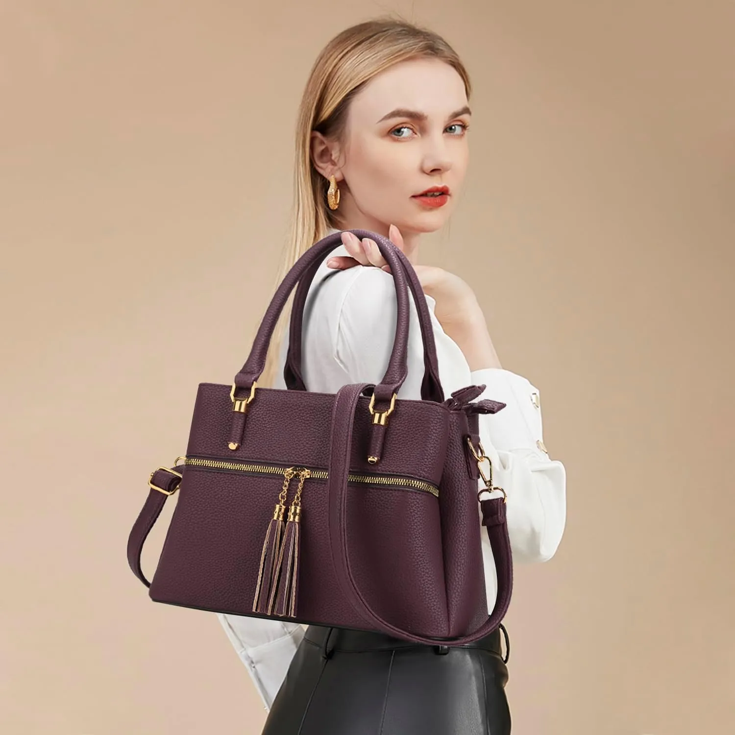 KKXIU Women Satchel Bags Handle Shoulder Handbags and Purses Pockets Zipper Leather Crossbody Bags
