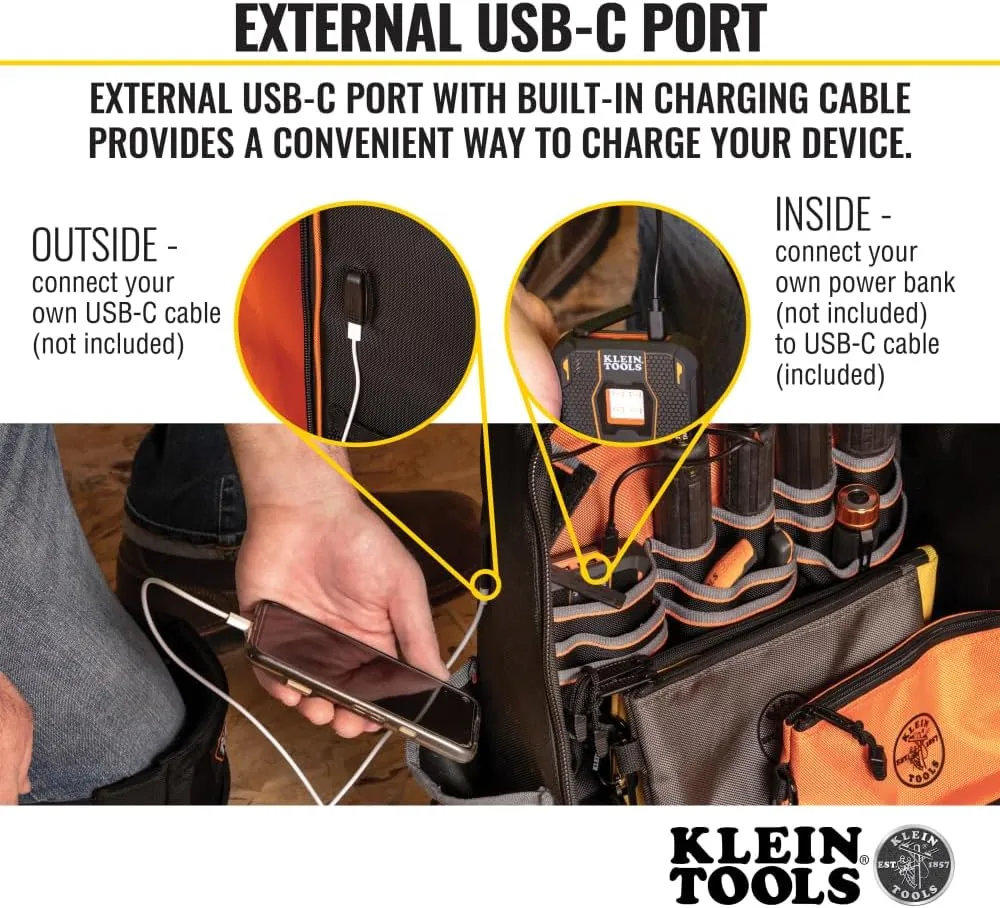 Klein Tools 62800BP Backpack Tool Bag, Tradesman Pro Extra-Large 40-Pocket Electrician Jobsite Backpack with Molded Bottom, Charging Port
