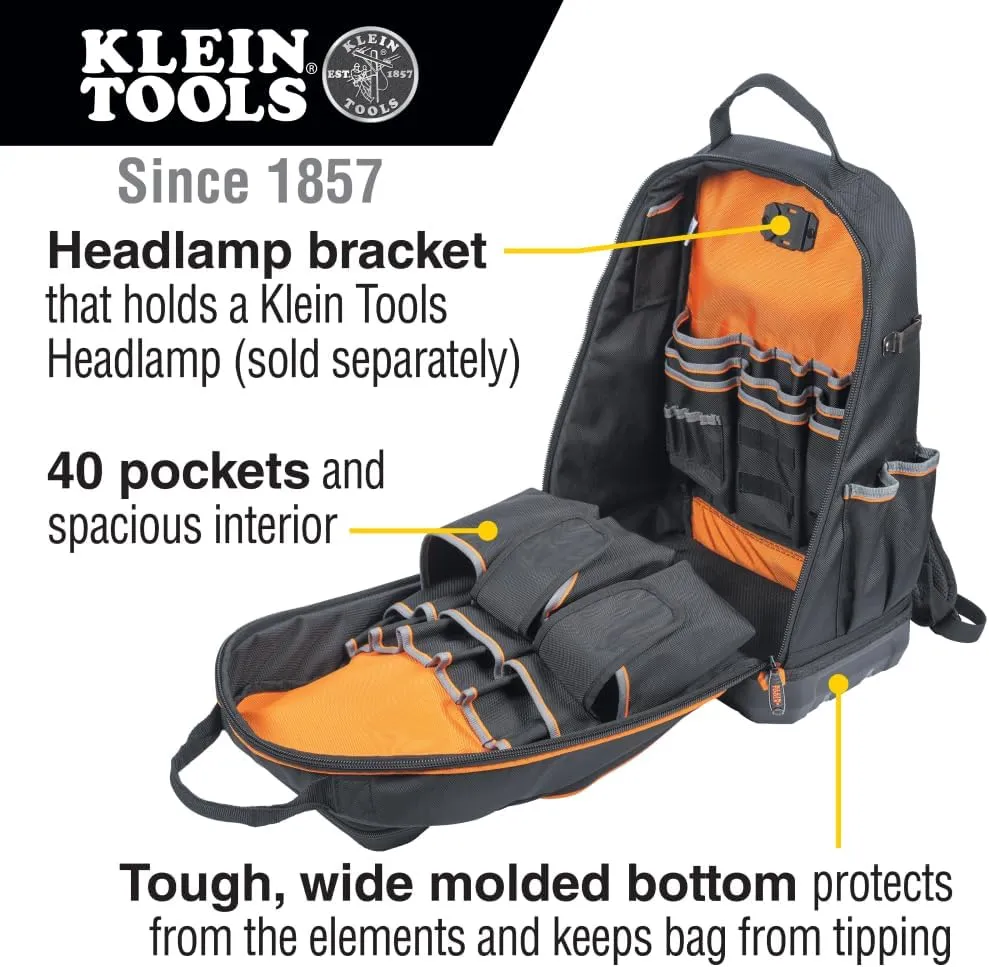 Klein Tools 62800BP Backpack Tool Bag, Tradesman Pro Extra-Large 40-Pocket Electrician Jobsite Backpack with Molded Bottom, Charging Port