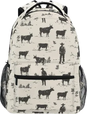 KLL Laptop Backpack for Teacher Nurse Waterproof Sports Backpack with Chest Strap Gift Men & Women Western Cowboy Cow Primitive Charm