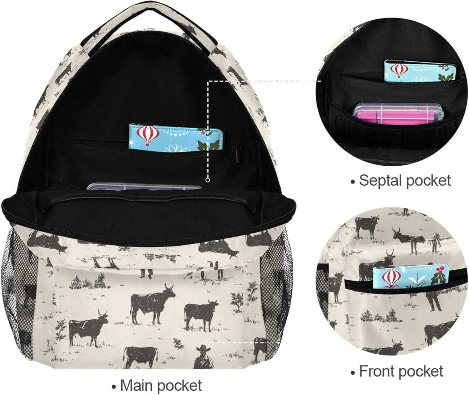 KLL Laptop Backpack for Teacher Nurse Waterproof Sports Backpack with Chest Strap Gift Men & Women Western Cowboy Cow Primitive Charm