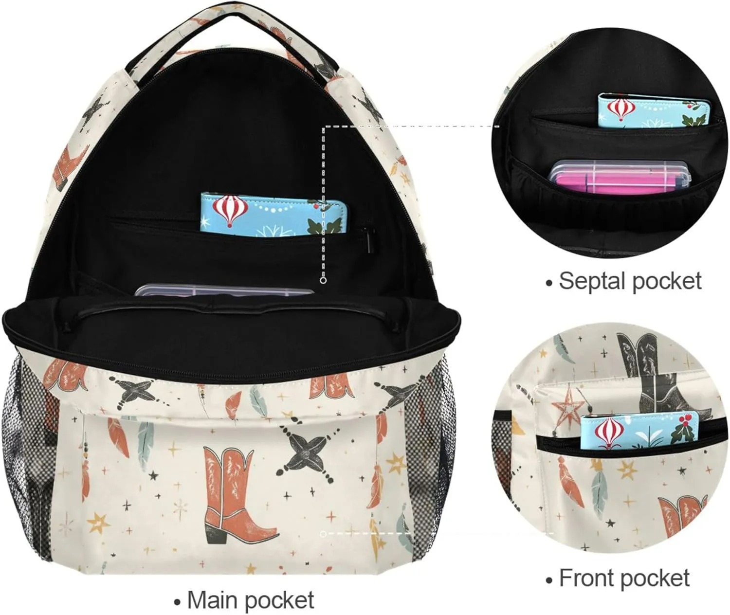 KLL Sport Backpack for Women Men Fashion Sports Backpack with Chest Strap for Business Work College Travel Trip Western Cowboy Dream Catcher Boots
