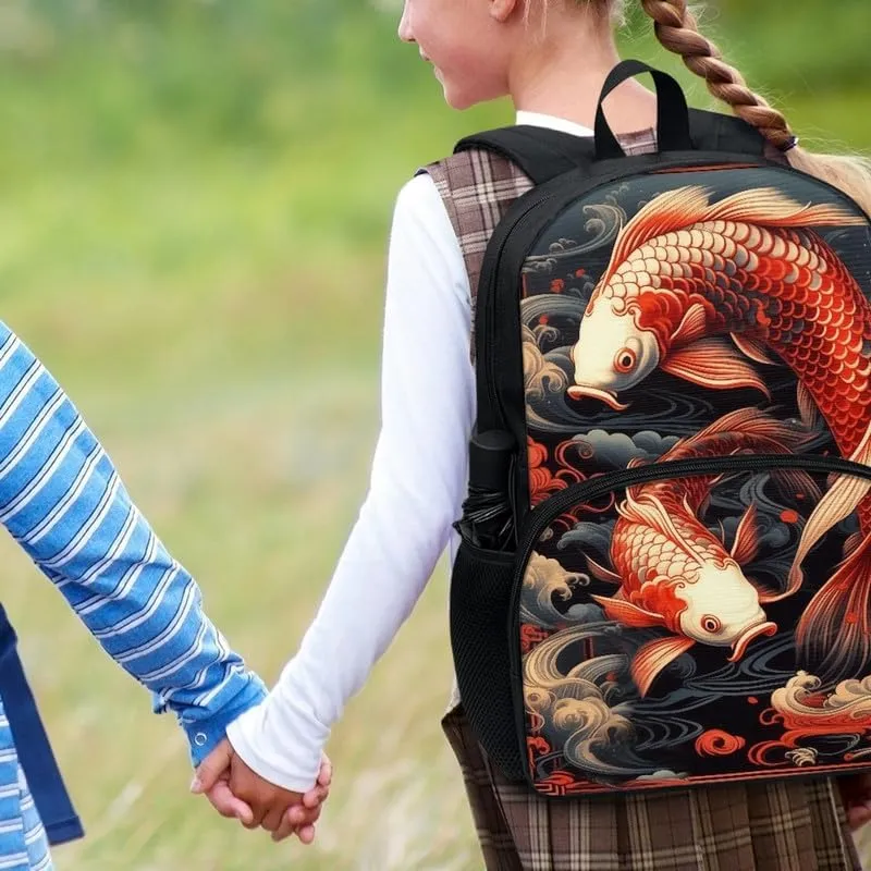 Koi Carp Backpack Umbrella Holder School Bag, Chinoiserie Koi Fish 17 inch Primary Backpack Pupils Satchel for Young Kids, Y2K Chinese Carp Vintage Teens Book Bags