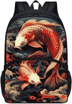 Koi Carp Backpack Umbrella Holder School Bag, Chinoiserie Koi Fish 17 inch Primary Backpack Pupils Satchel for Young Kids, Y2K Chinese Carp Vintage Teens Book Bags