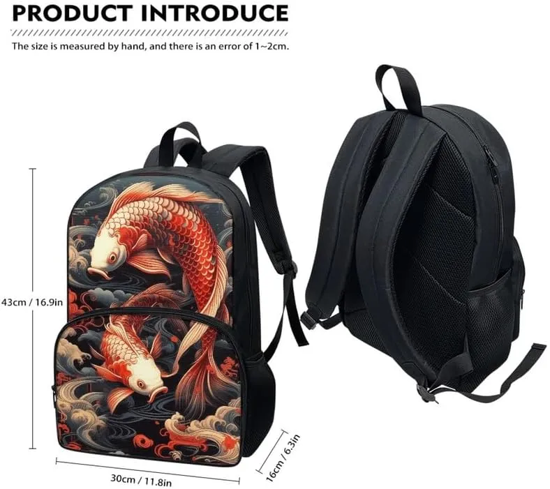 Koi Carp Backpack Umbrella Holder School Bag, Chinoiserie Koi Fish 17 inch Primary Backpack Pupils Satchel for Young Kids, Y2K Chinese Carp Vintage Teens Book Bags