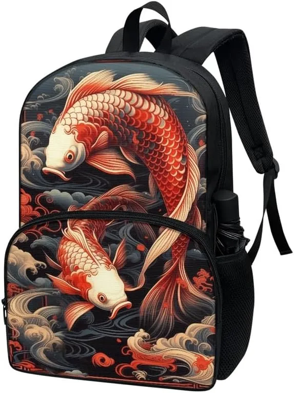 Koi Carp Backpack Umbrella Holder School Bag, Chinoiserie Koi Fish 17 inch Primary Backpack Pupils Satchel for Young Kids, Y2K Chinese Carp Vintage Teens Book Bags