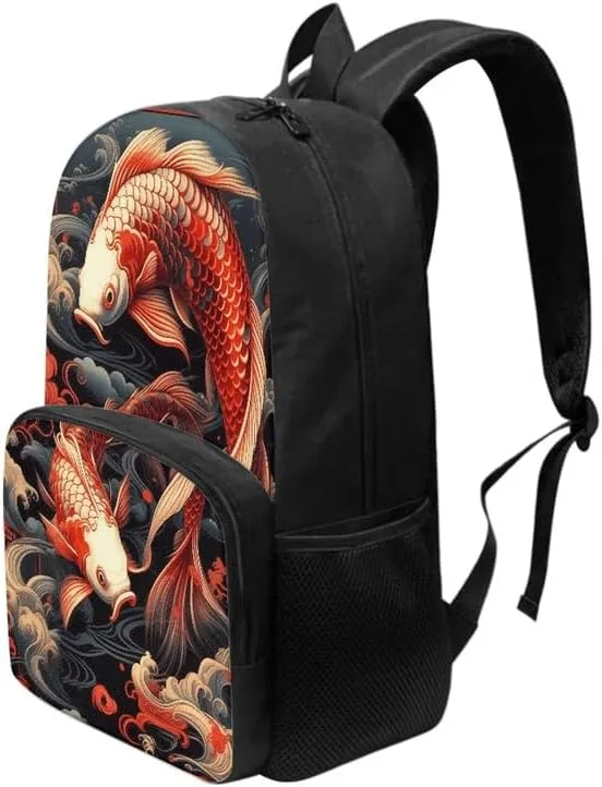 Koi Carp Backpack Umbrella Holder School Bag, Chinoiserie Koi Fish 17 inch Primary Backpack Pupils Satchel for Young Kids, Y2K Chinese Carp Vintage Teens Book Bags