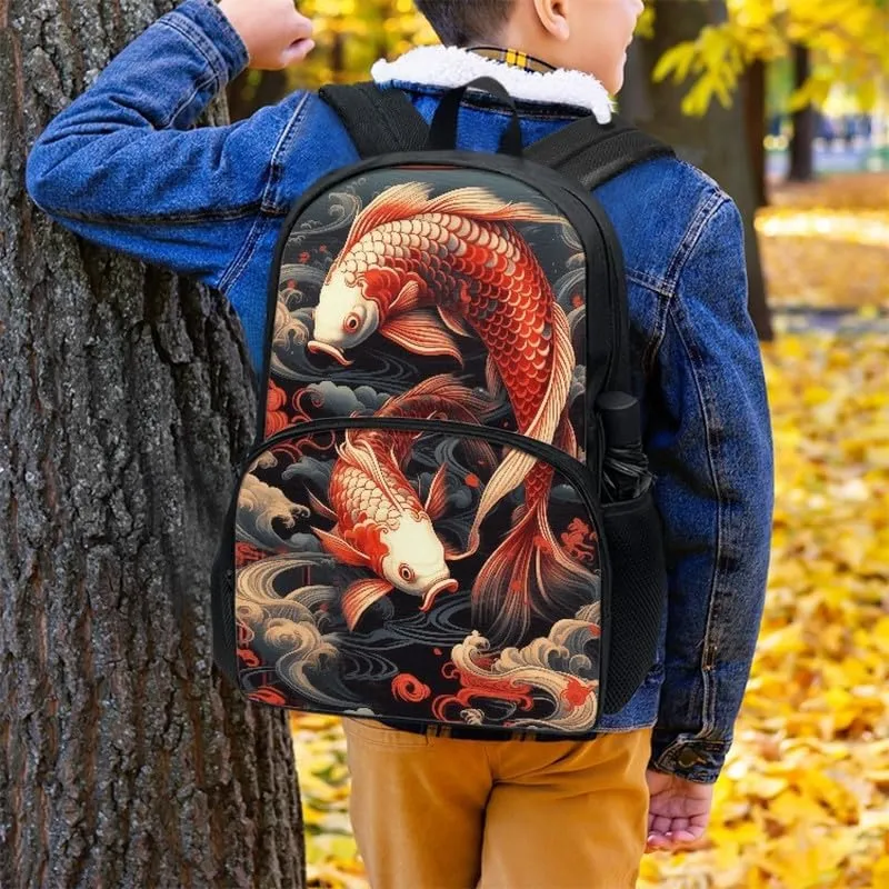 Koi Carp Backpack Umbrella Holder School Bag, Chinoiserie Koi Fish 17 inch Primary Backpack Pupils Satchel for Young Kids, Y2K Chinese Carp Vintage Teens Book Bags