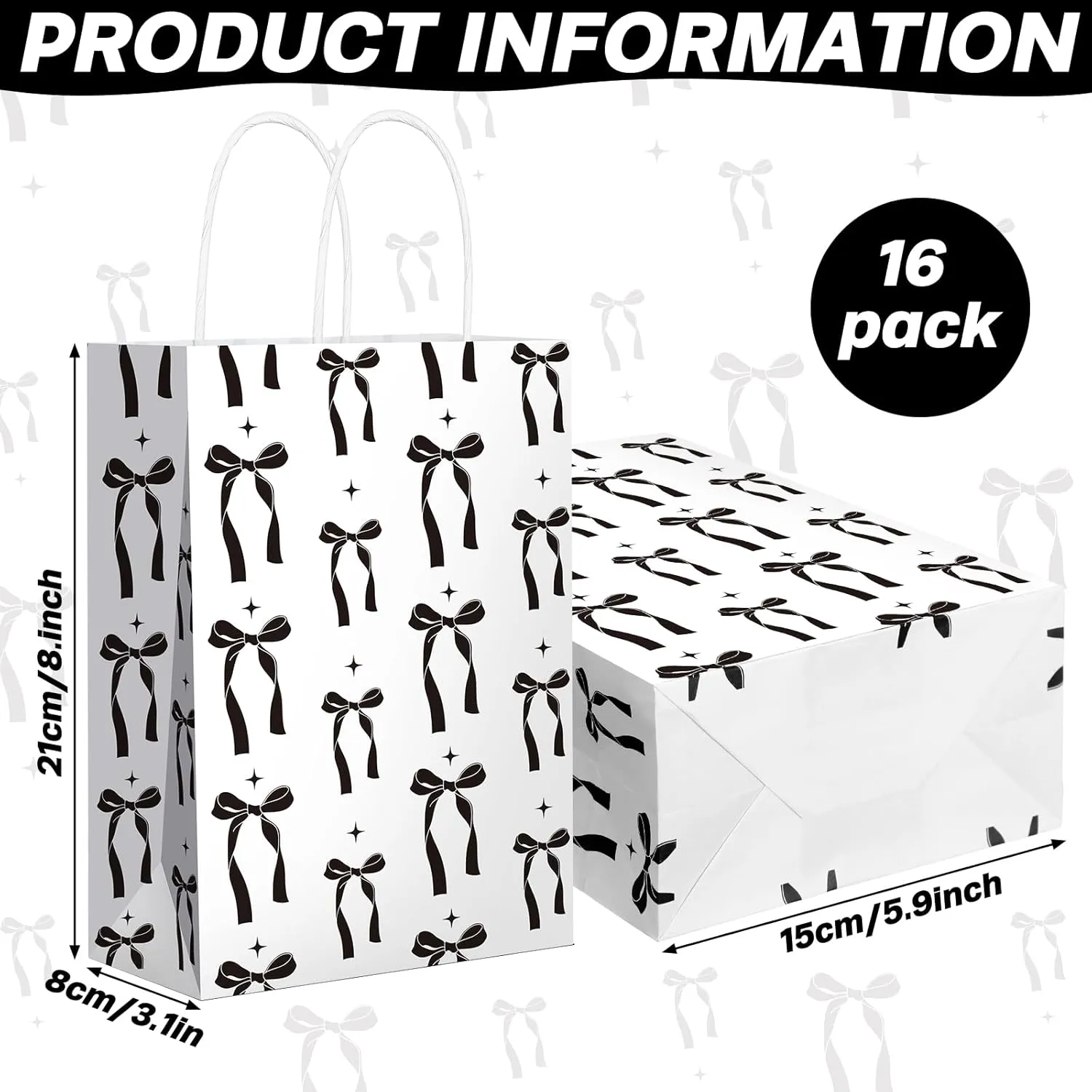 Kolldenn 16 Pcs Coquette Pink Bow Paper Gift Bags Women Birthday Christmas Party Favor Goodie Candy Bags with Handles for Bridal Engagement Party Supplies 8.3 x 5.9 x 3.1 in(White,Black Bow)