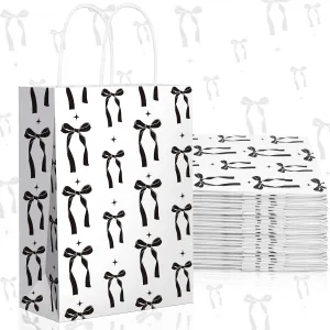 Kolldenn 16 Pcs Coquette Pink Bow Paper Gift Bags Women Birthday Christmas Party Favor Goodie Candy Bags with Handles for Bridal Engagement Party Supplies 8.3 x 5.9 x 3.1 in(White,Black Bow)