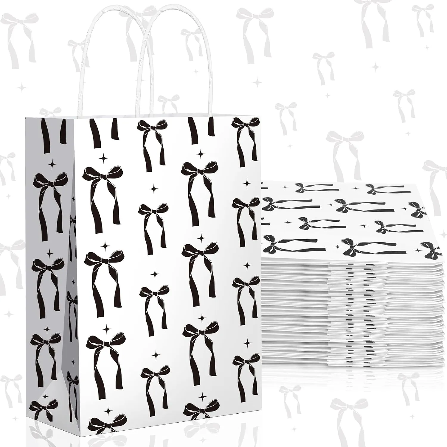 Kolldenn 16 Pcs Coquette Pink Bow Paper Gift Bags Women Birthday Christmas Party Favor Goodie Candy Bags with Handles for Bridal Engagement Party Supplies 8.3 x 5.9 x 3.1 in(White,Black Bow)